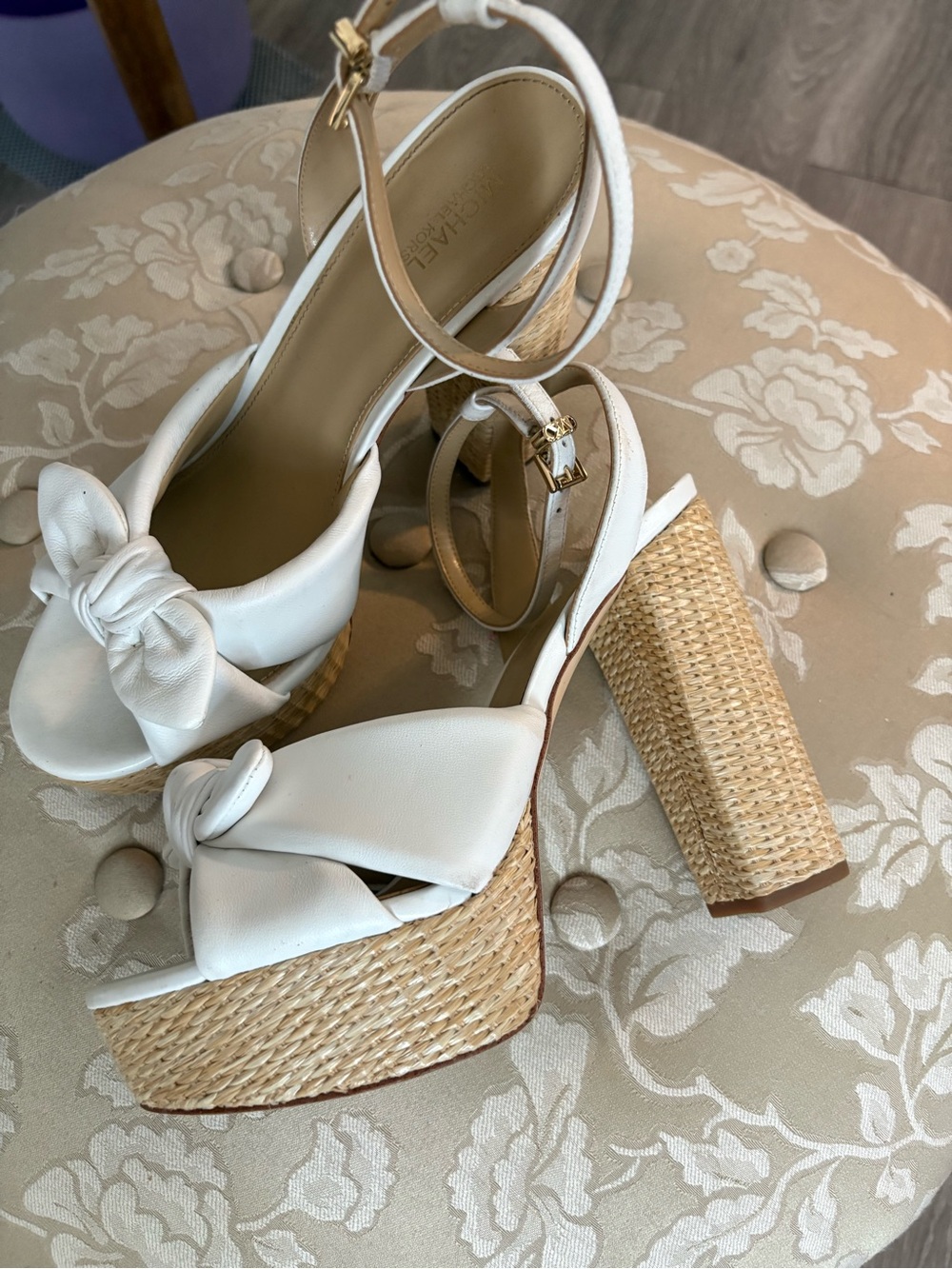 Michael Kors White Knotted Platform Sandals with Woven Block Heel